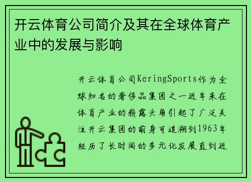 开云体育公司简介及其在全球体育产业中的发展与影响